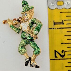Vintage Feisty St. Patrick Day Cat Fiddling w/ hat w/ Crystal-like Stones Brooch